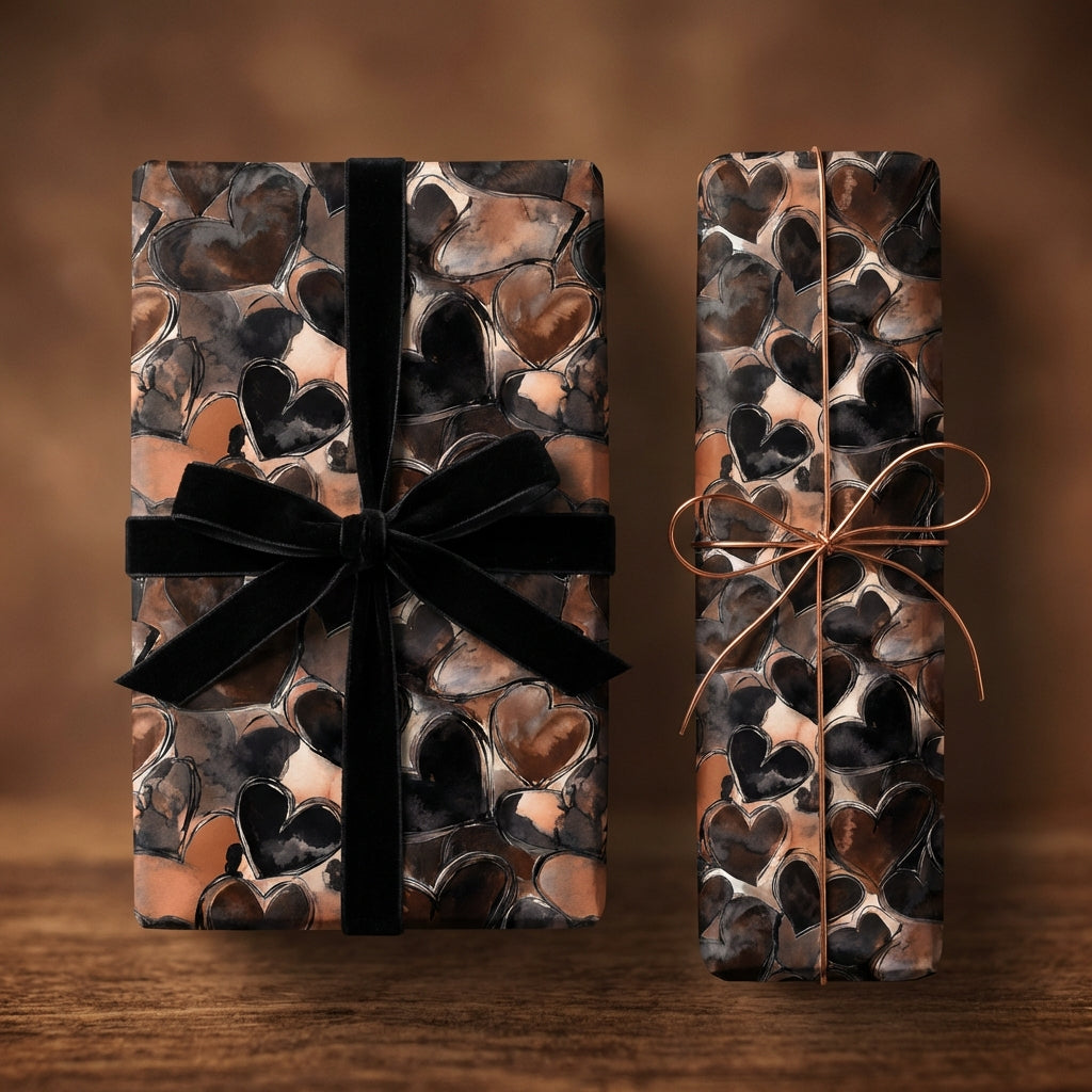 Wrapped gifts in brown heart wrapping paper, one with black velvet ribbon.