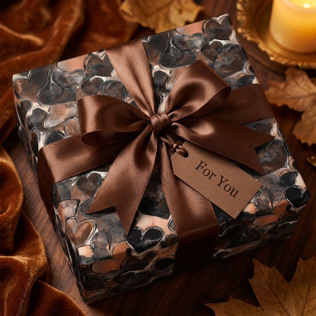 Elegant heart pattern gift wrap with brown satin ribbon by Wrapped Studios.