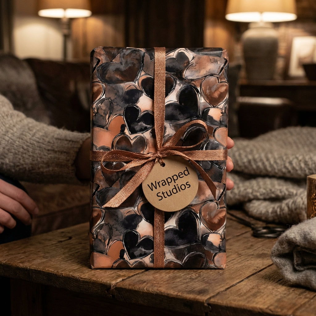 Wrapped Studios heart wrapping paper with a copper ribbon for Valentine's Day or an anniversary.
