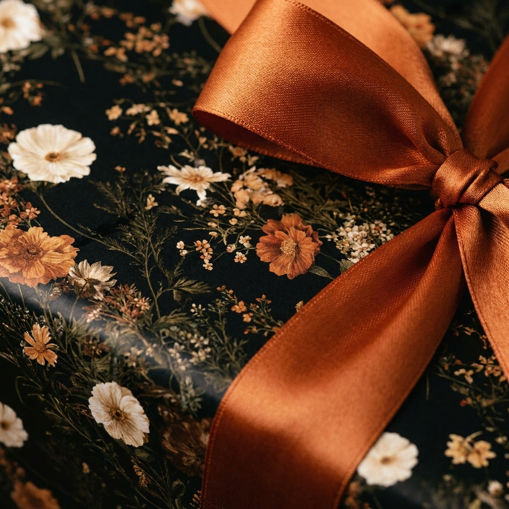 Moody floral wrapping paper with rust orange wildflowers and a satin bow by Wrapped Studios.