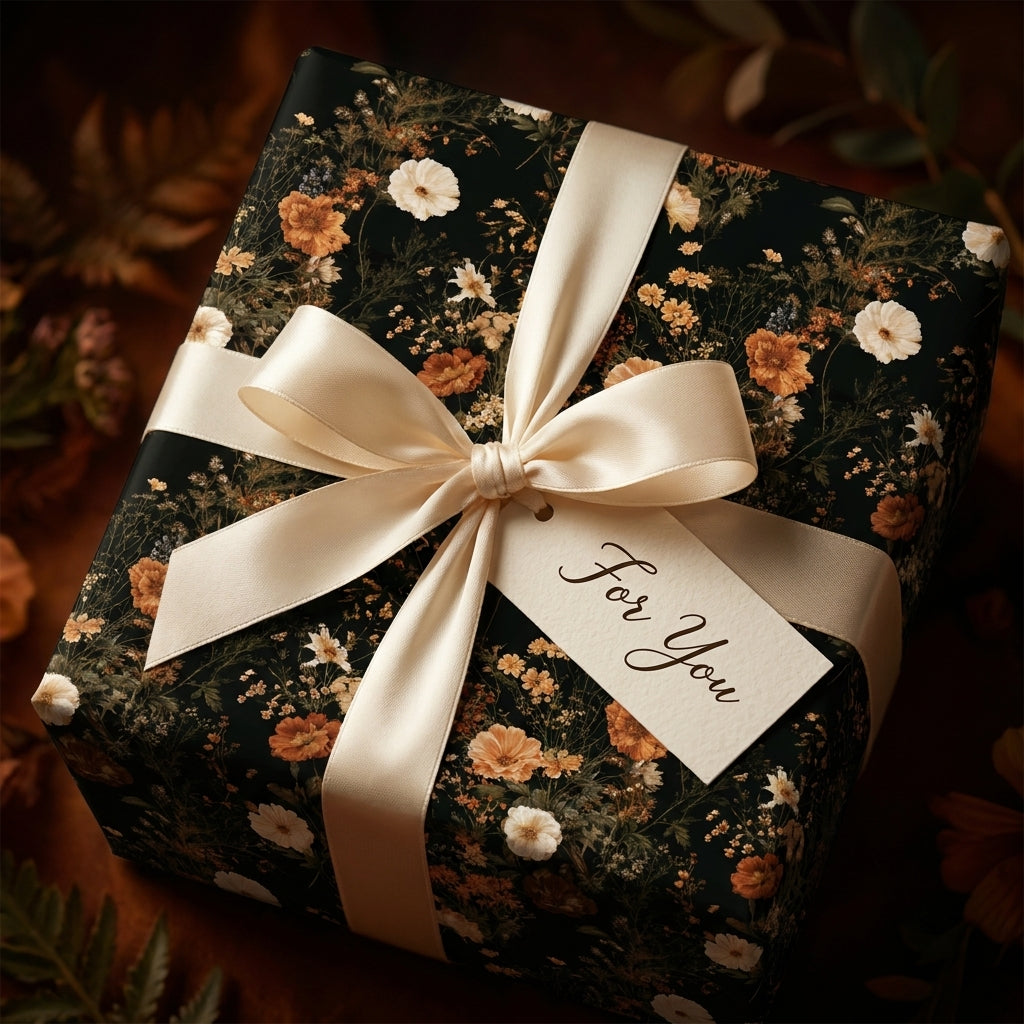 Dark vintage floral wrapping paper on a gift box with a cream satin bow, by Wrapped Studios.
