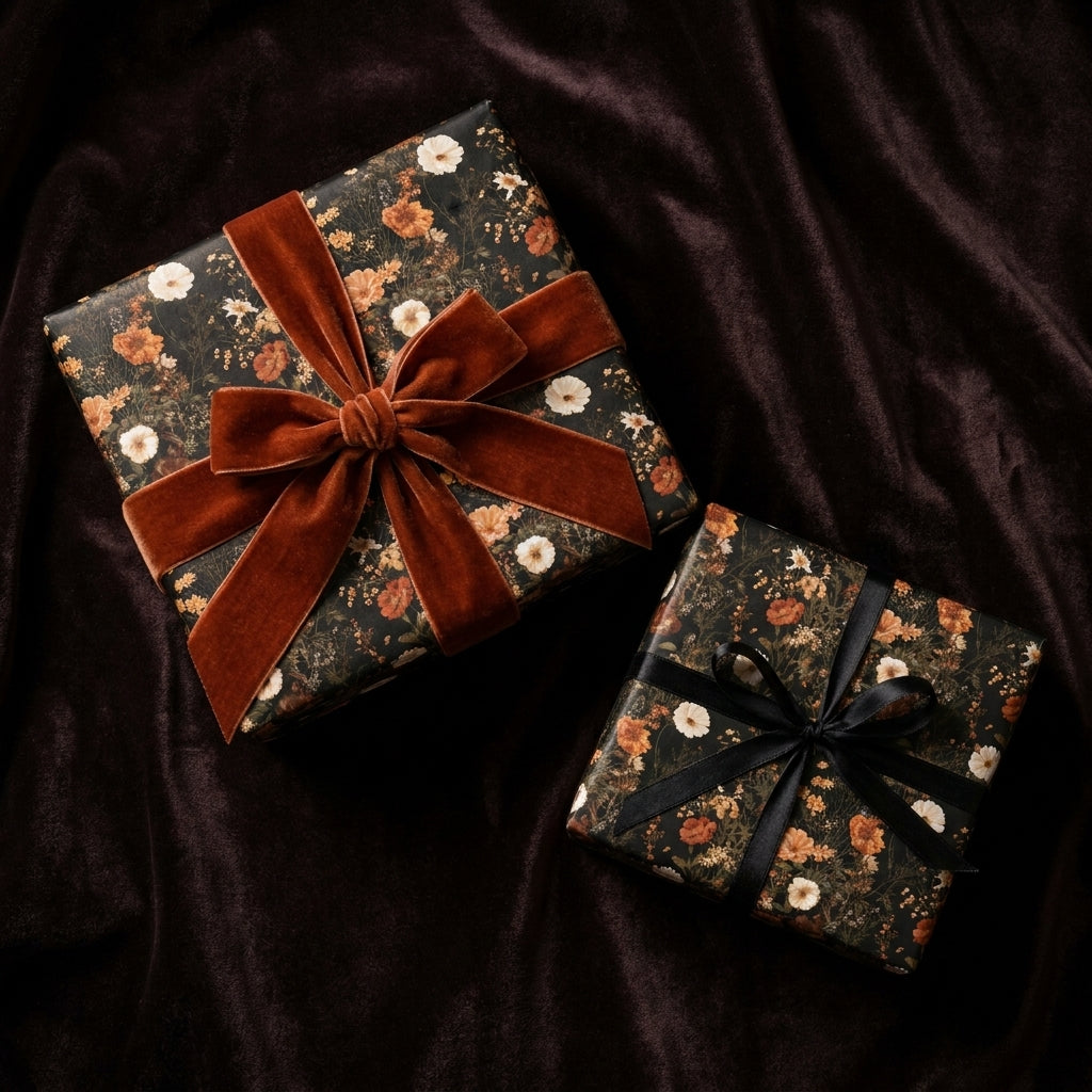 Dark moody floral wrapping paper with a rust velvet bow on gift boxes by Wrapped Studios.