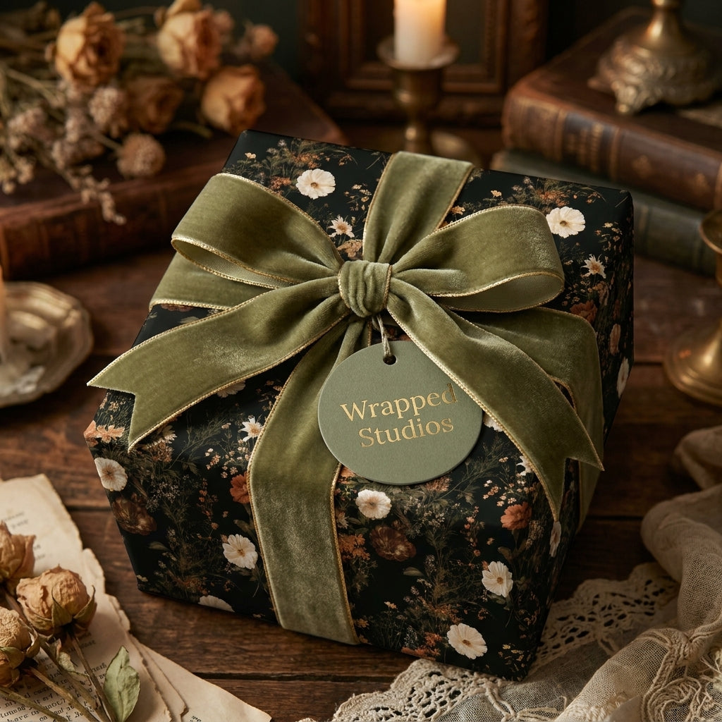 Moody floral wrapping paper with sage green velvet ribbon on a luxury gift box by Wrapped Studios.