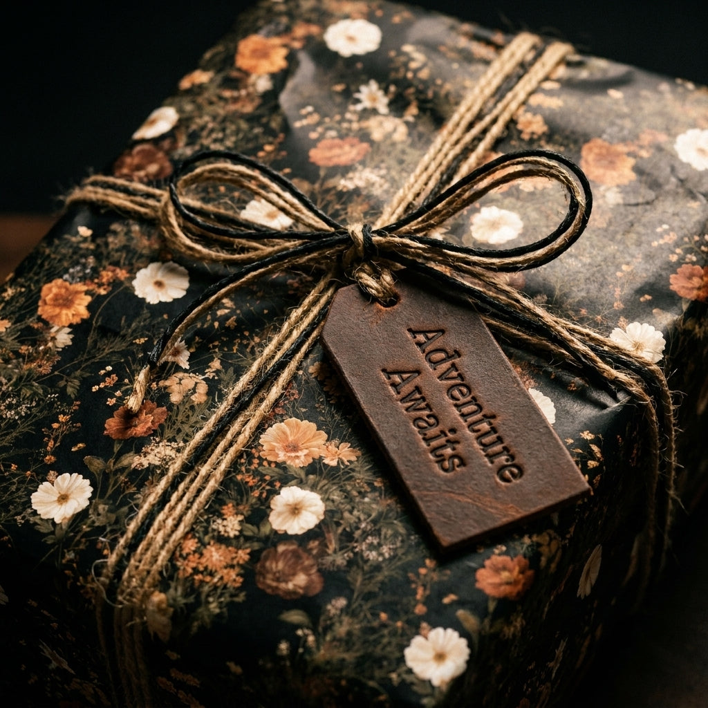 Vintage floral wrapping paper with a rustic twine bow and leather tag by Wrapped Studios.