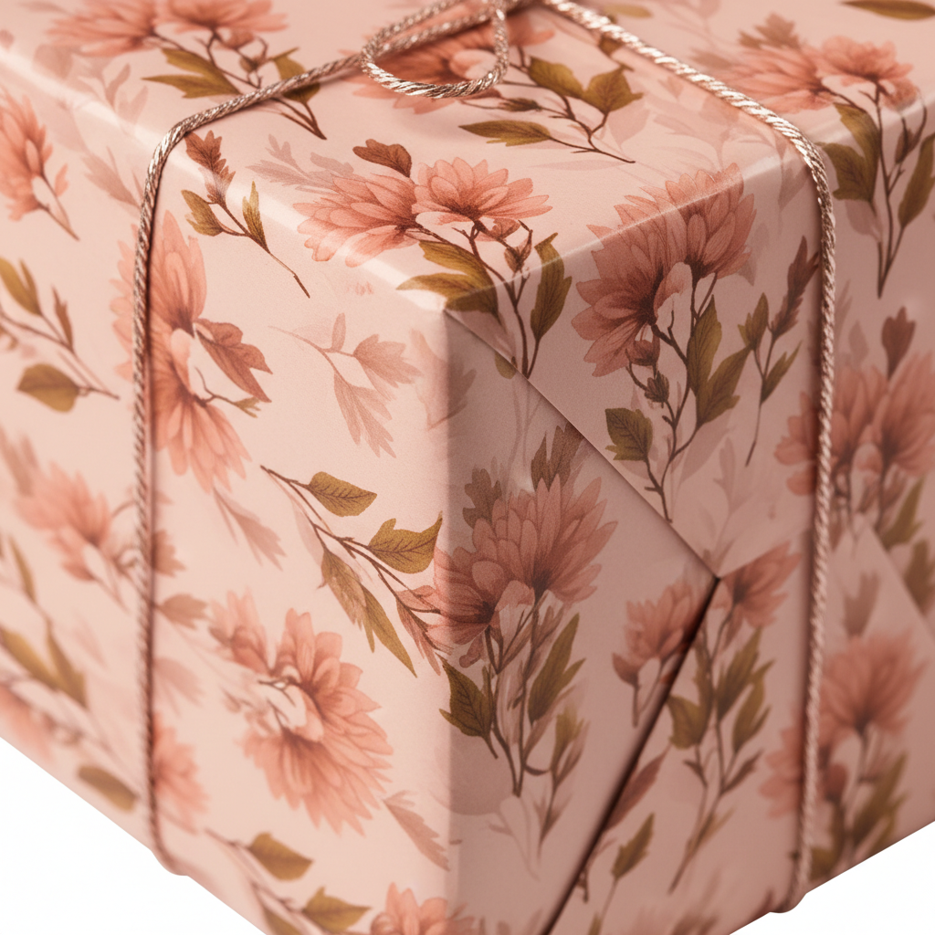 Elegant pink floral wrapping paper with a delicate gold string, perfect for luxury birthday or wedding gifts.
