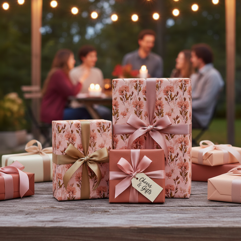 Elegant floral wrapping paper in rose and gold with satin ribbons, perfect for luxury birthday gifts at an outdoor evening celebration.