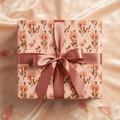 Elegant blush pink floral wrapping paper with a rose gold ribbon bow, perfect for a luxury wedding or birthday gift.