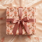Elegant blush pink floral wrapping paper with a rose gold ribbon bow, perfect for a luxury wedding or birthday gift.