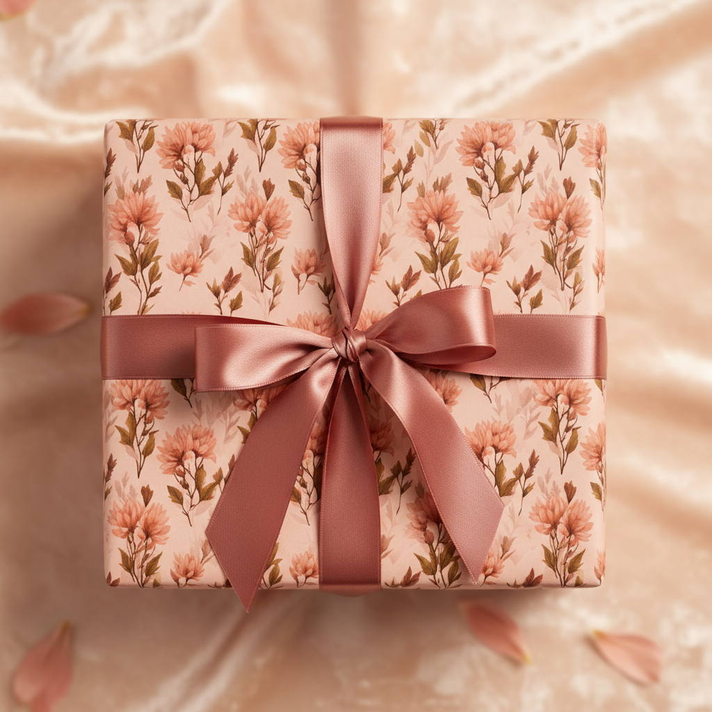 Elegant blush pink floral wrapping paper with a rose gold ribbon bow, perfect for a luxury wedding or birthday gift.