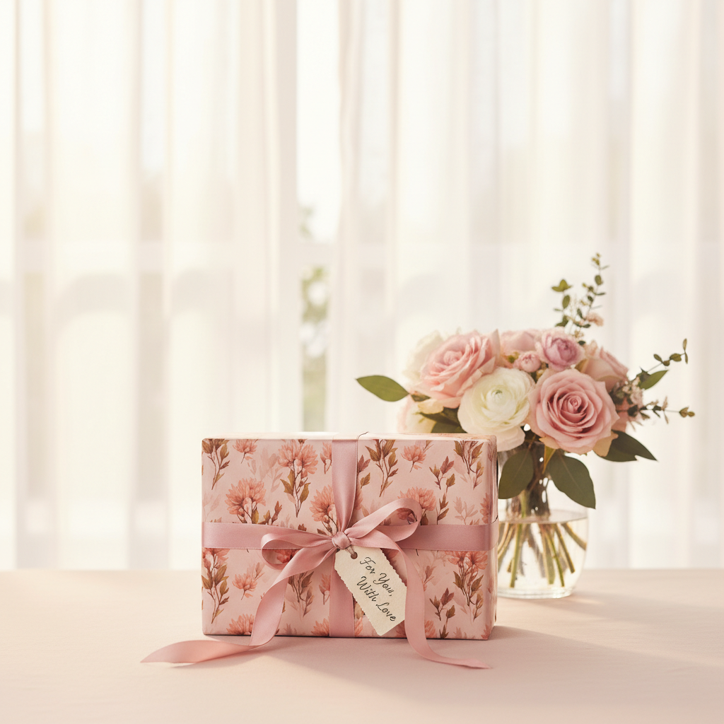 Elegant floral wrapping paper in pink with a satin ribbon and "For You With Love" tag, next to a matching rose bouquet.