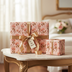 Elegant pink floral wrapping paper for gifts, tied with a luxurious gold ribbon and "For My Beloved" tag, on a marble table.