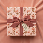 Elegant floral wrapping paper with peach flowers, tied with a luxurious dusty rose velvet ribbon, perfect for birthday or wedding gifts.