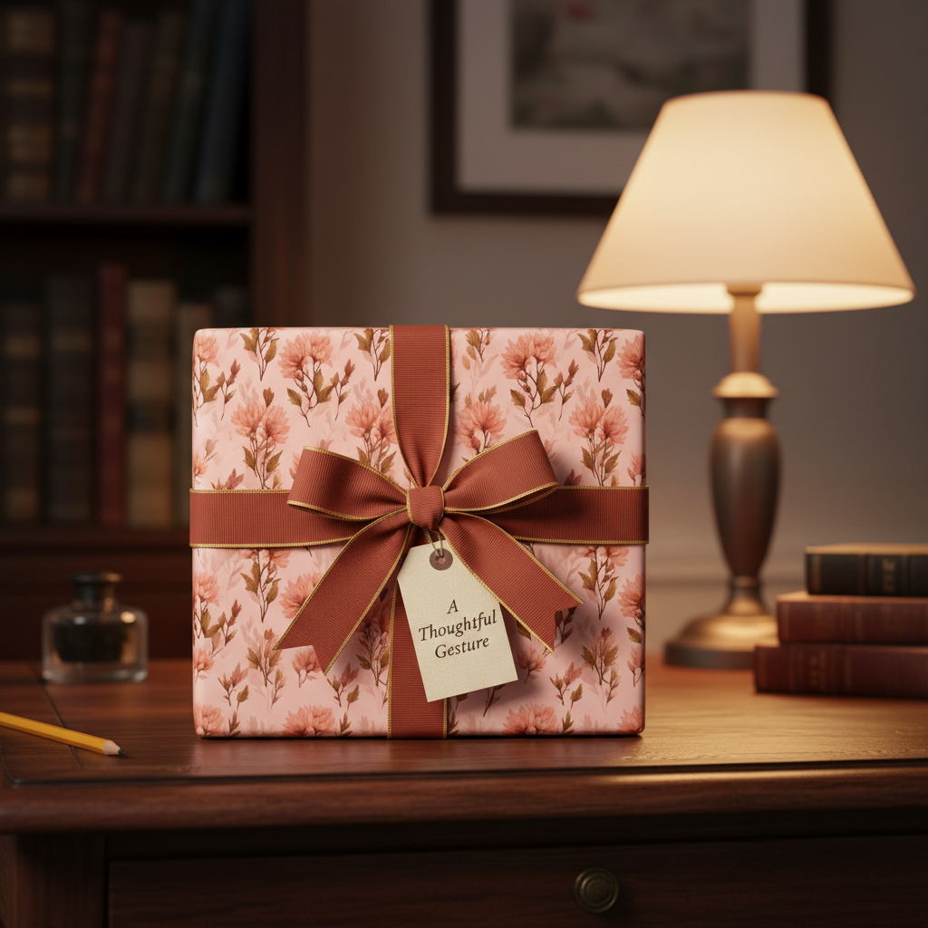 Elegant pink floral wrapping paper with a rust ribbon and bow on a desktop, perfect for a thoughtful gift or special occasion.