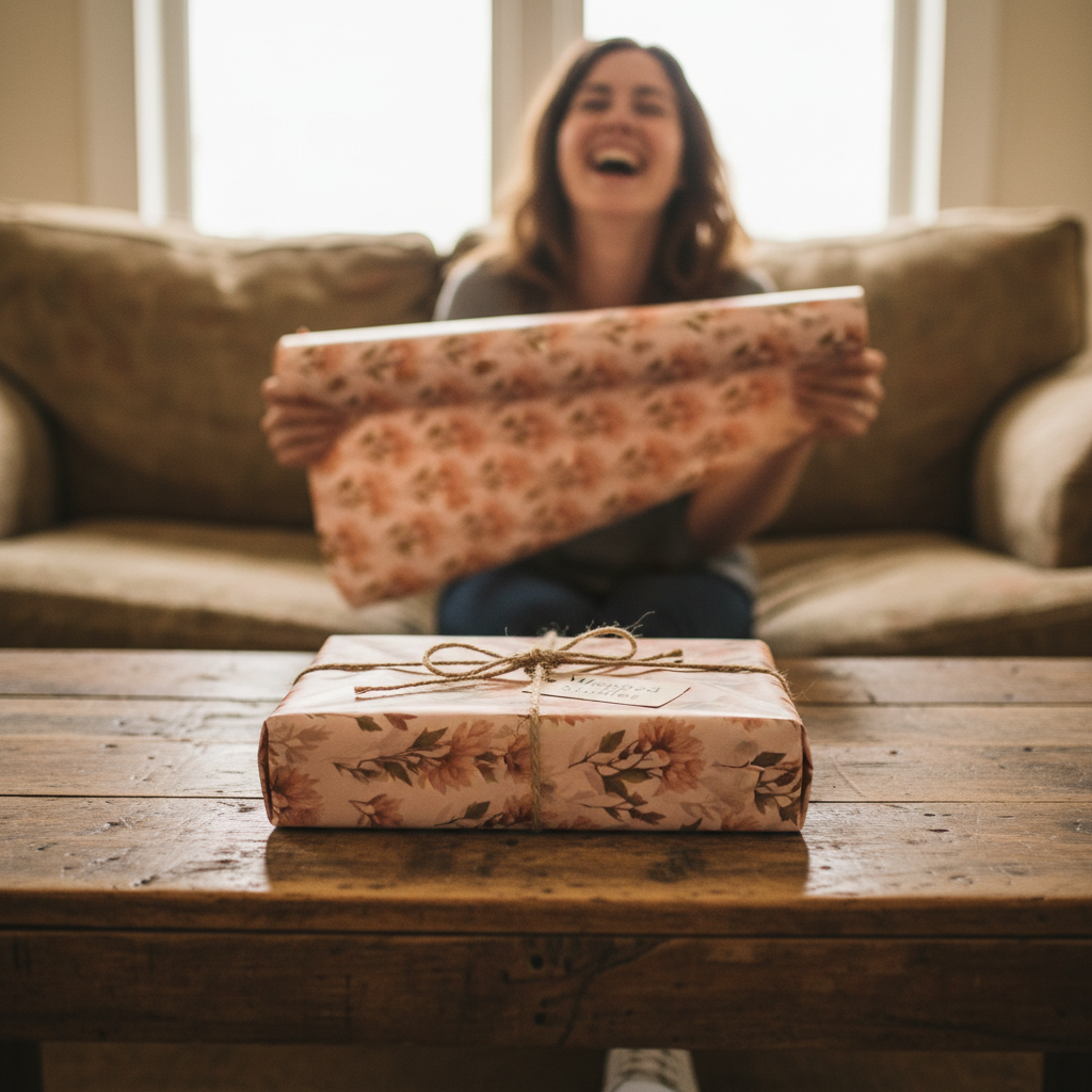 Pink floral wrapping paper on a rustic wood table with a woman smiling in the background, perfect for spring gifts or birthdays.