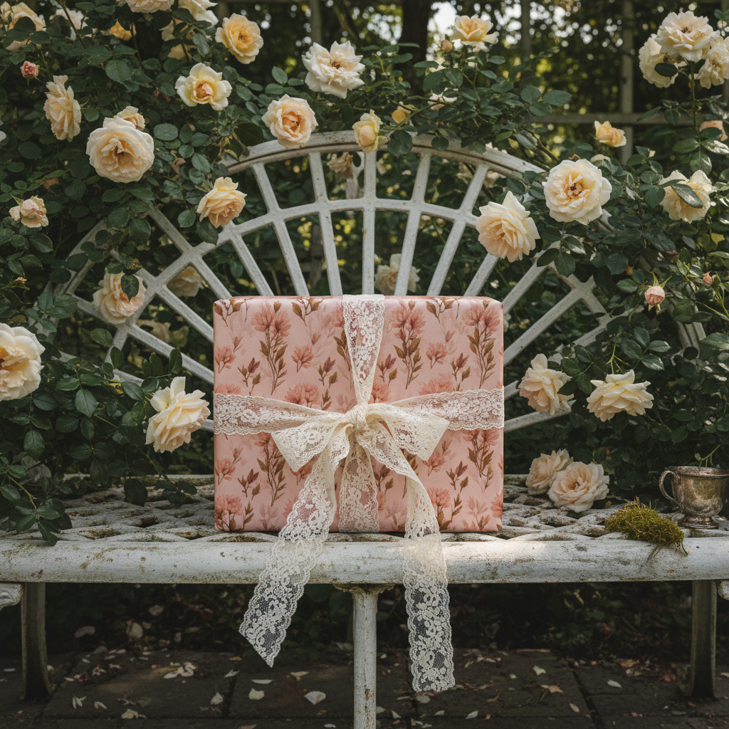 Pink floral luxury gift wrap with delicate lace ribbon on a white garden bench, surrounded by blooming roses, perfect for weddings or birthdays.