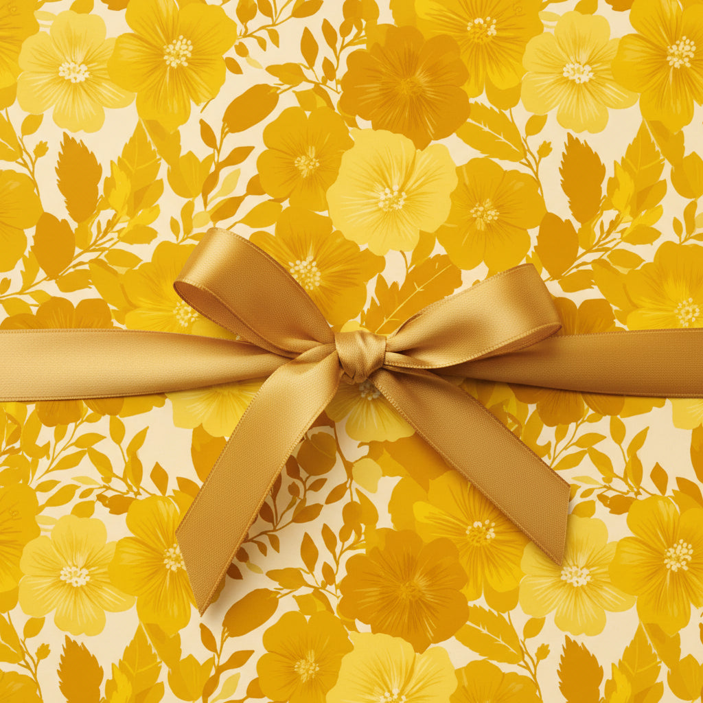 Close-up of a gift wrapped in yellow floral wrapping paper with a satin gold ribbon.