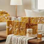 Elegant gifts wrapped in yellow floral wrapping paper with gold and brown ribbons on a cozy living room table.
