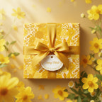 Square gift wrapped in yellow floral wrapping paper with satin ribbon bow and "Sunny Petals" tag.