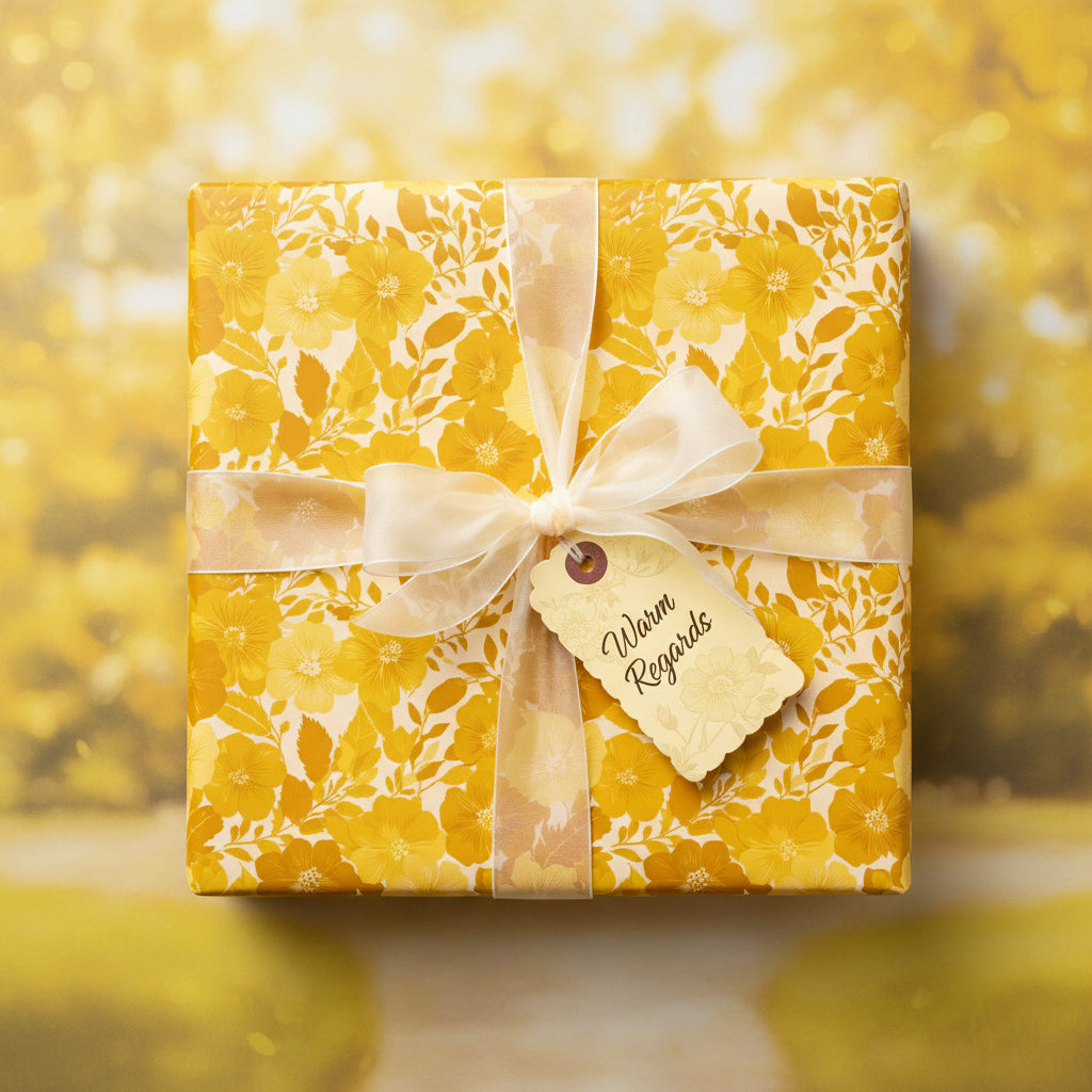 Square gift wrapped in yellow floral wrapping paper with sheer ribbon and "Warm Regards" tag.