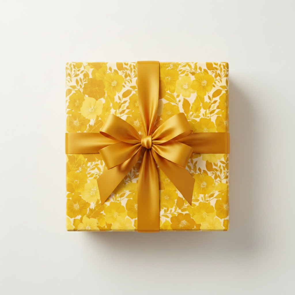 Square gift wrapped in yellow floral wrapping paper with a gold satin bow.