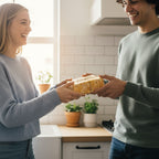 Woman giving a man a gift wrapped in rustic floral birthday wrapping paper with twine bow.