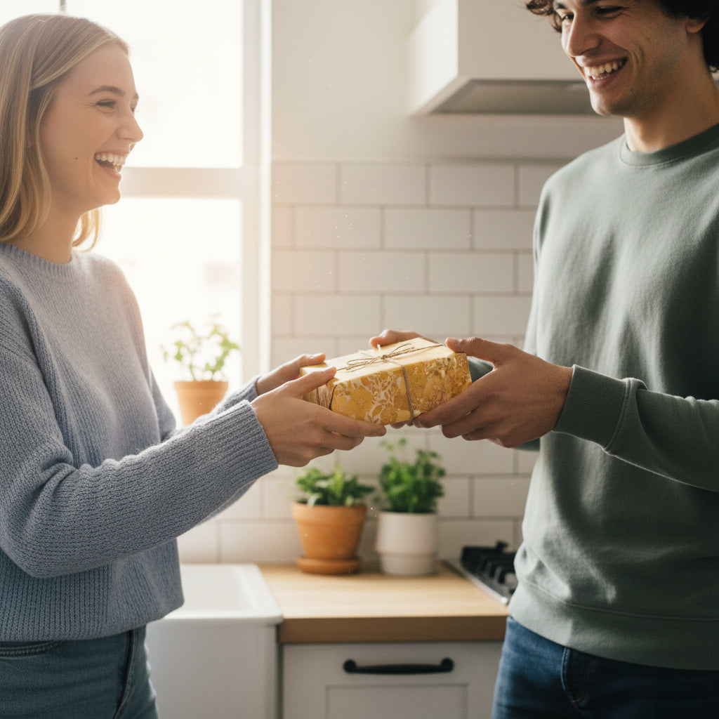 Woman giving a man a gift wrapped in rustic floral birthday wrapping paper with twine bow.
