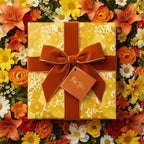 Gift wrapped in yellow floral wrapping paper with rust-colored velvet ribbon and "For You" tag, surrounded by flowers.