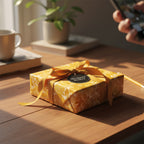 Square gift wrapped in yellow floral paper with gold ribbon, perfect for birthday gift wrap.