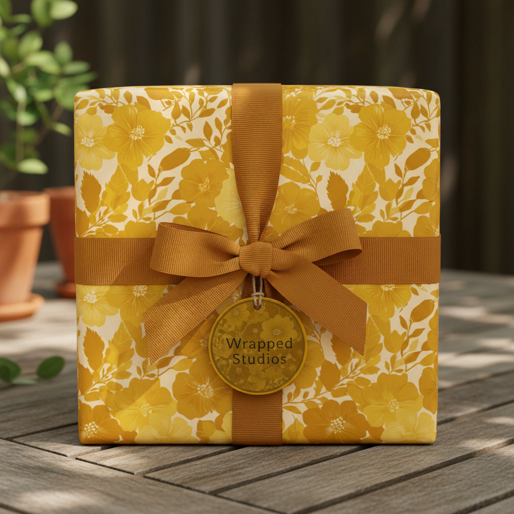 Square gift box wrapped in yellow floral wrapping paper with a matching ribbon and bow.