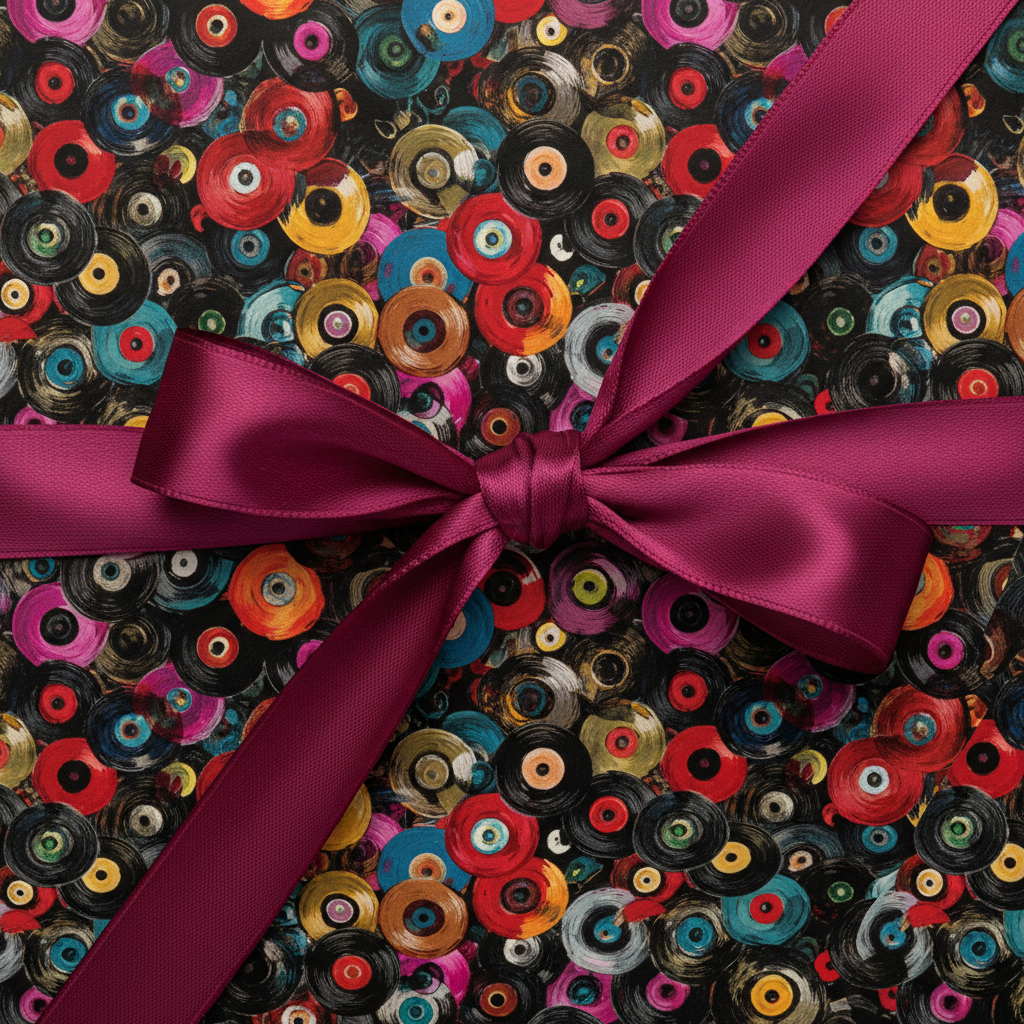 Gift box wrapped in colorful vinyl record pattern wrapping paper and tied with a magenta satin bow.