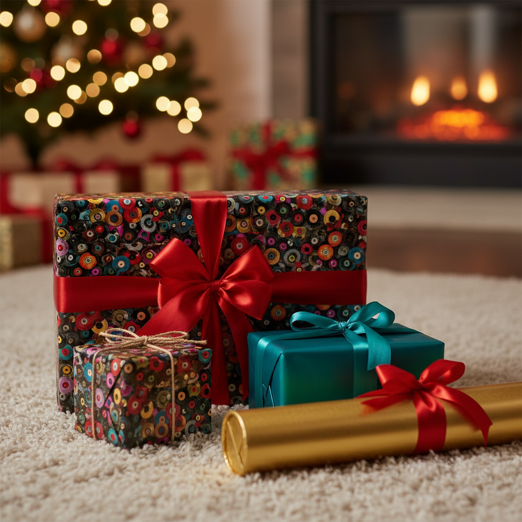 Assorted Christmas gift wrap: colorful circle pattern with red ribbon, teal, and gold wrap by the fireplace.