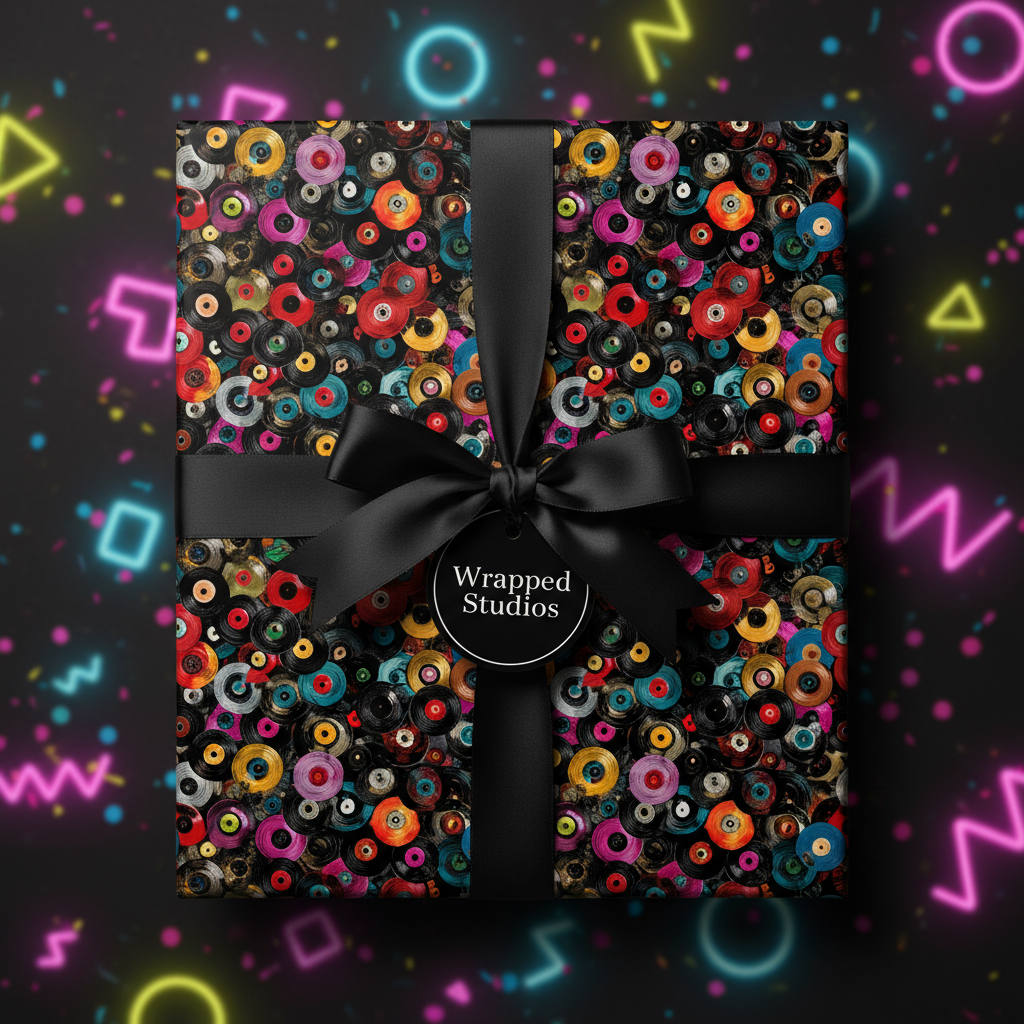 Retro vinyl record wrapping paper with black satin ribbon; fun birthday gift wrap.