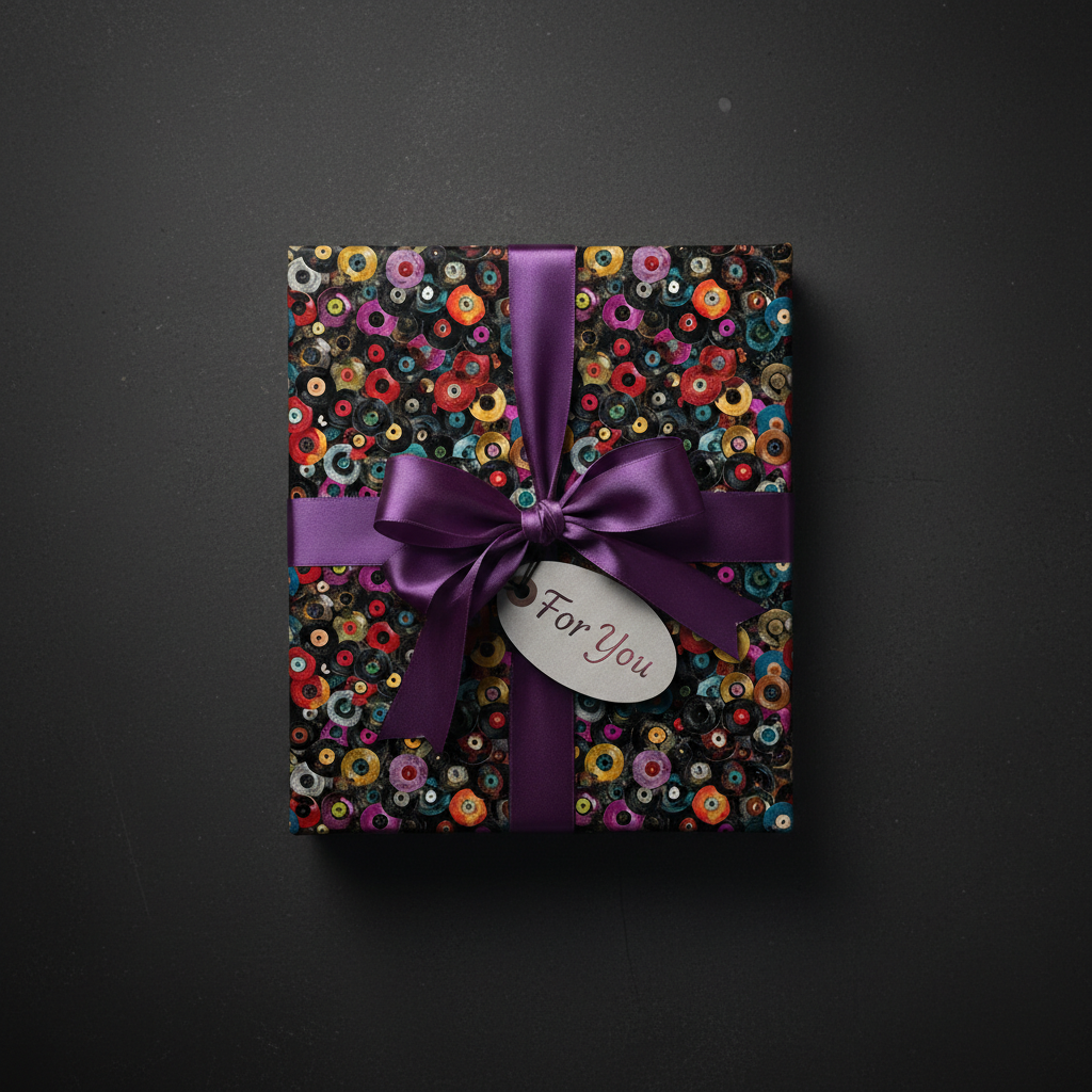 Gift box with floral pattern wrapping paper, purple ribbon, and "For You" tag on black.