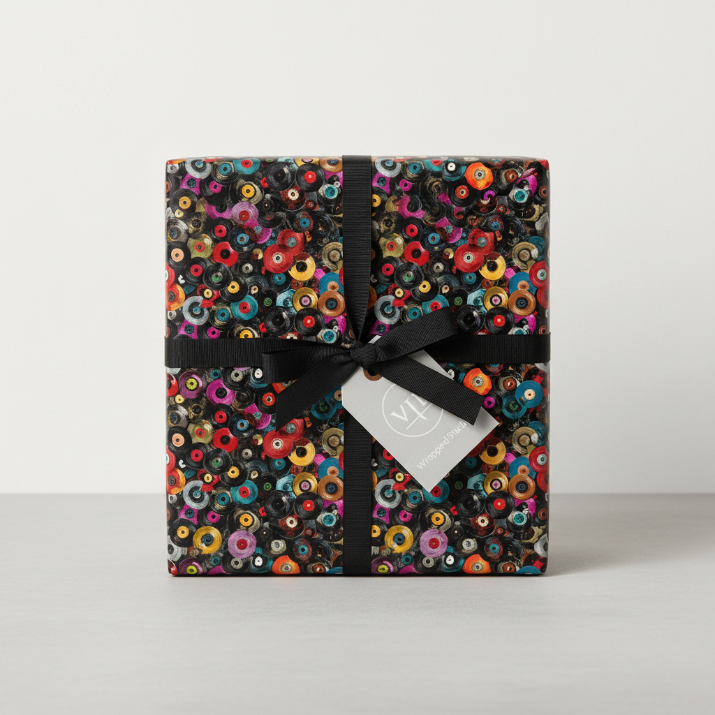 Modern gift wrapped in colorful circular pattern paper with black ribbon.