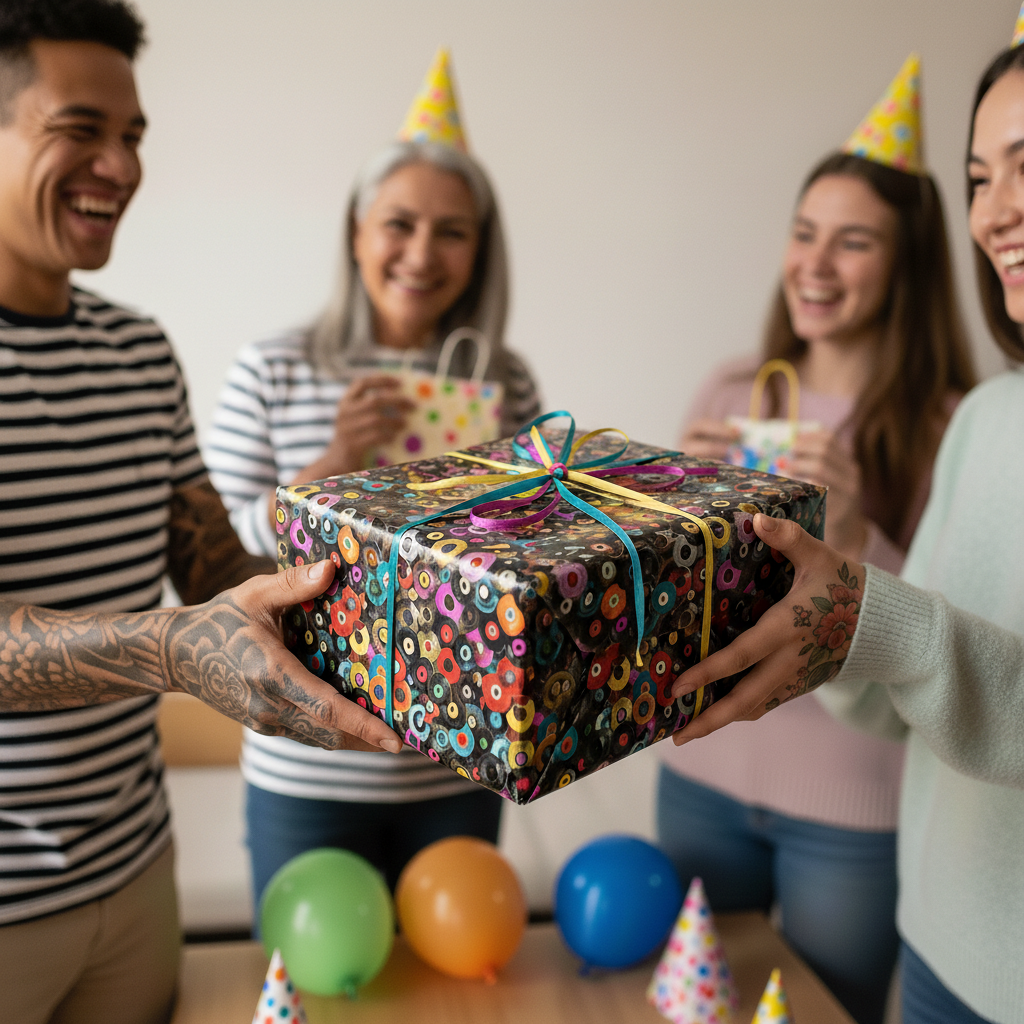 People exchanging a birthday gift wrapped in modern geometric wrapping paper with colorful ribbons.