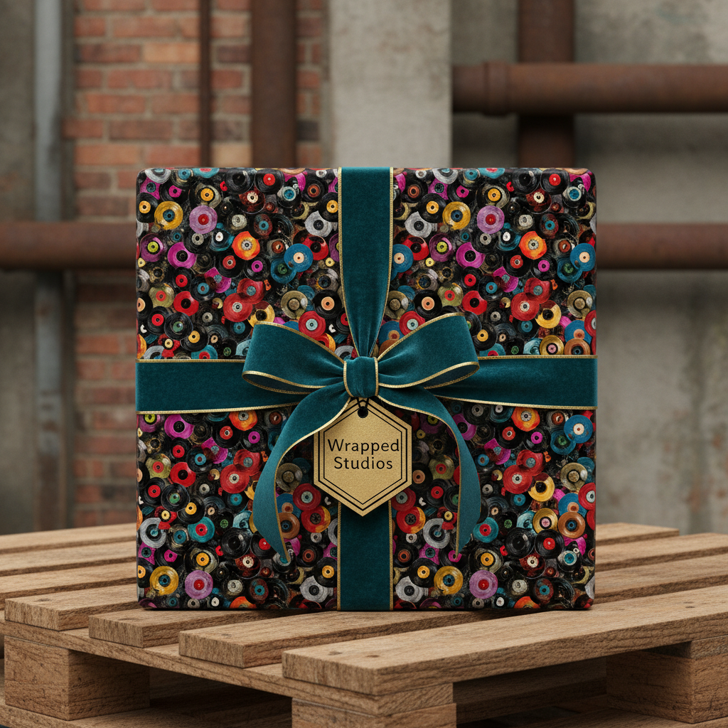 Gift wrapped in colorful vinyl record wrapping paper with emerald velvet bow, perfect for music lovers.