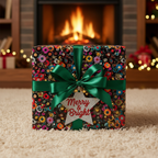 Square gift wrapped in colorful circle-pattern paper with green ribbon and "Merry & Bright" tag for Christmas.