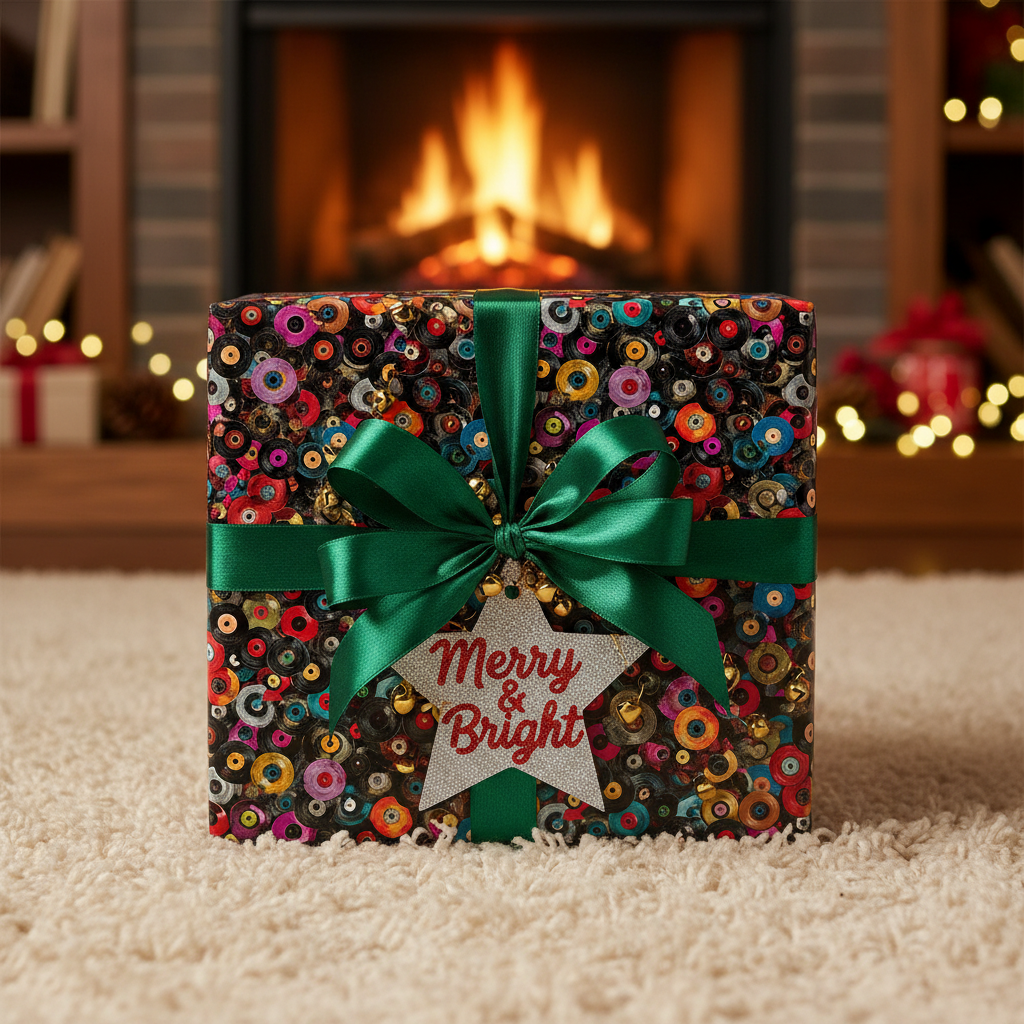 Square gift wrapped in colorful circle-pattern paper with green ribbon and "Merry & Bright" tag for Christmas.