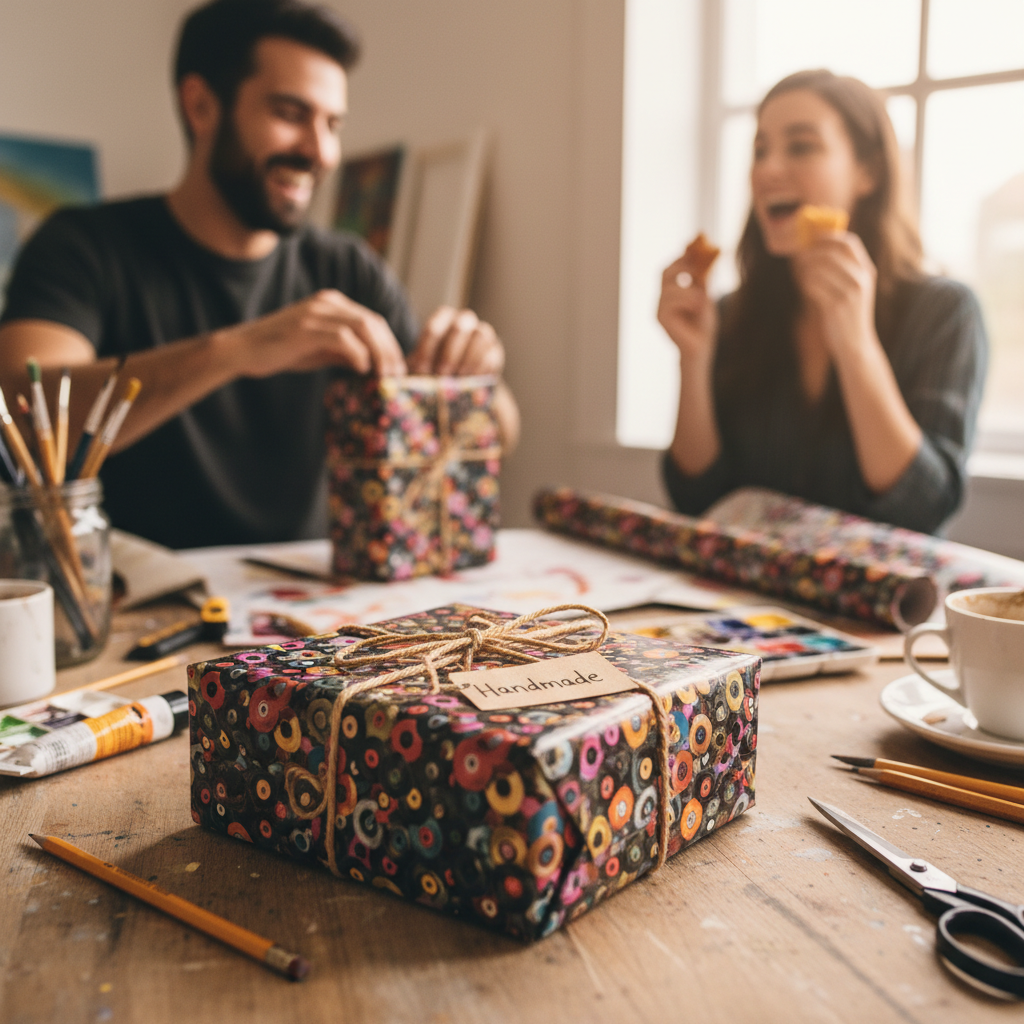 Couple wrapping gifts using floral wrapping paper and twine; Handmade gift tag.
