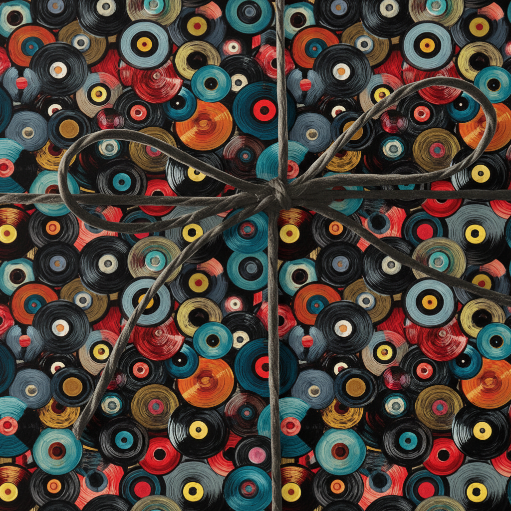 Retro vinyl record wrapping paper with gray twine bow.