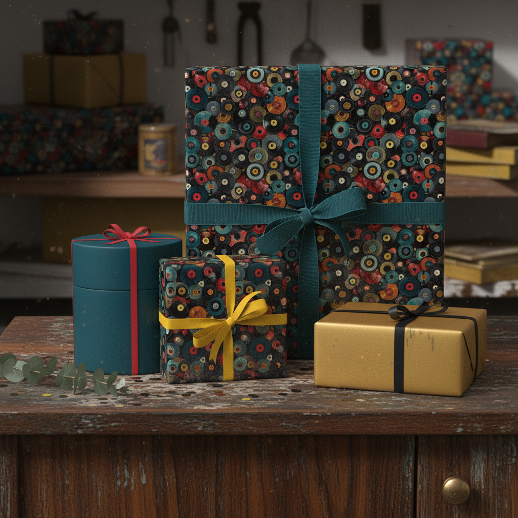 Gifts wrapped in modern, colorful circle-patterned wrapping paper with green and gold ribbons on a wooden surface.