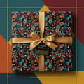 Gift wrapped in vintage record-patterned paper with gold ribbon, perfect for music lovers' birthday presents.