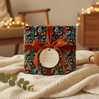Retro record album gift wrap with velvet ribbon and "A little something just for you" tag.