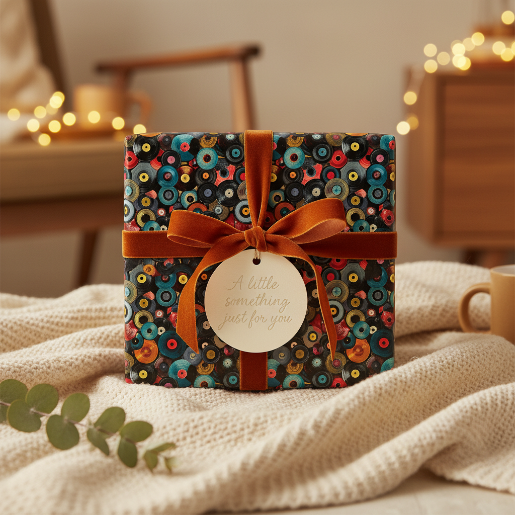 Retro record album gift wrap with velvet ribbon and "A little something just for you" tag.