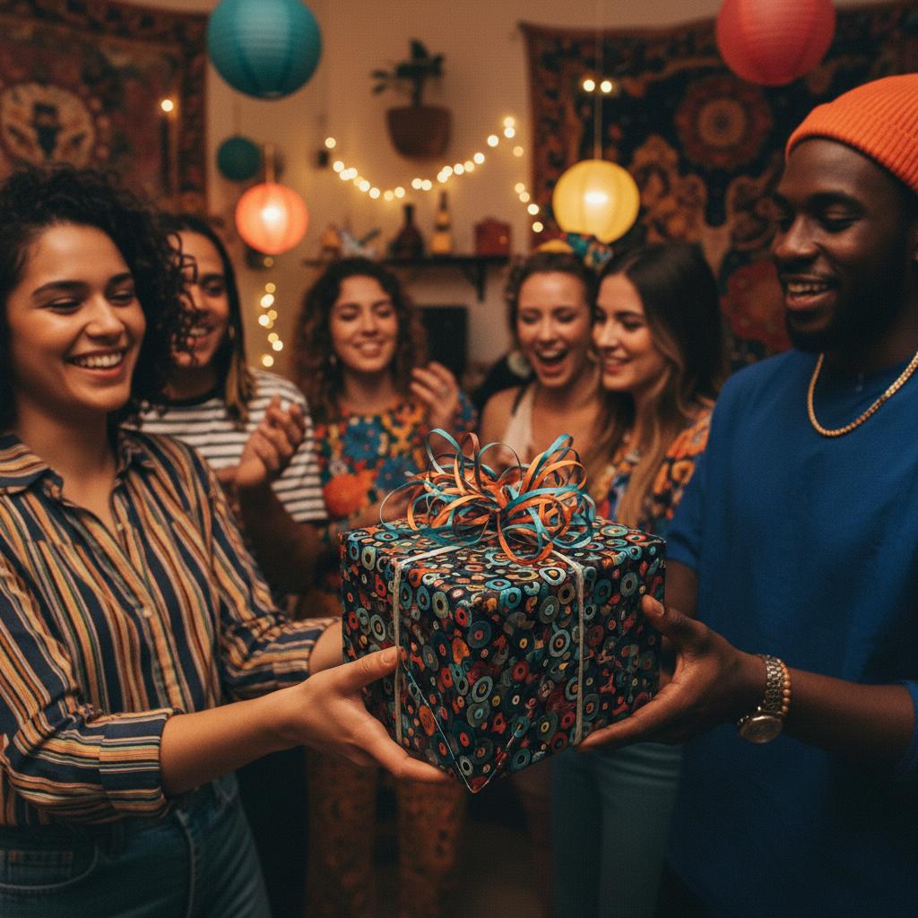 Person giving gift wrapped in modern patterned birthday wrapping paper with curly ribbon.