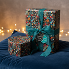 Stylish gift wrap featuring a vinyl record pattern, teal ribbon, and "Together Always" tag, perfect for birthday or anniversary presents.