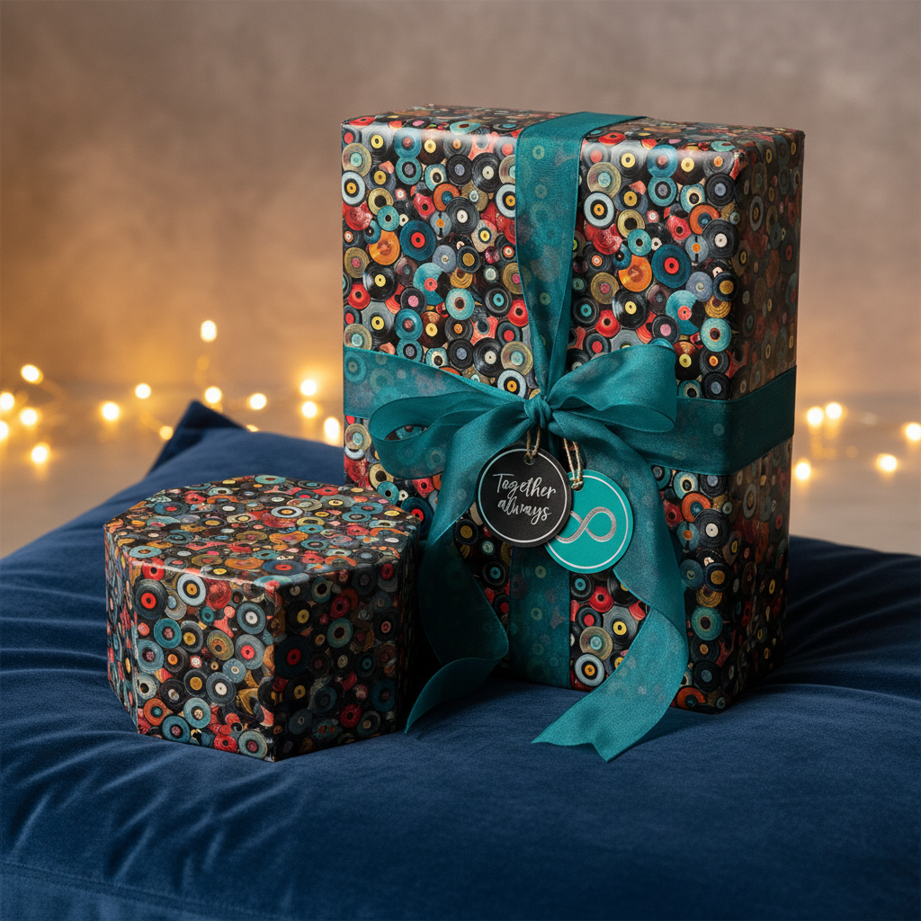 Stylish gift wrap featuring a vinyl record pattern, teal ribbon, and "Together Always" tag, perfect for birthday or anniversary presents.