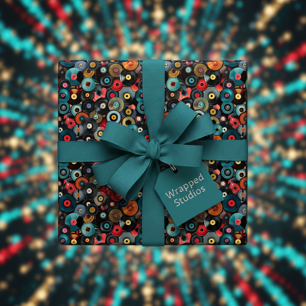 Square gift wrapped in colorful retro record vinyl wrapping paper with teal ribbon and bow.