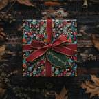 Retro record album wrapping paper with burgundy ribbon, gold trim, and "For your eyes only" tag.