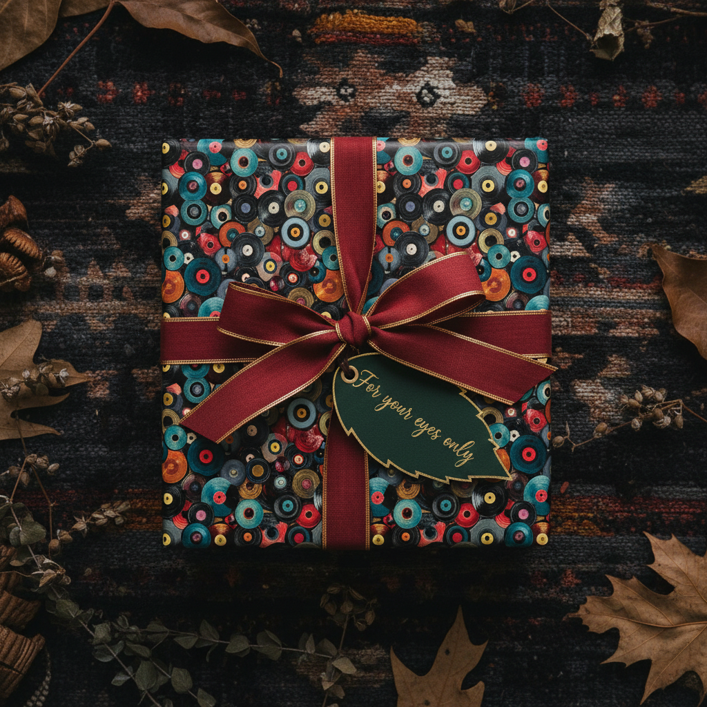 Retro record album wrapping paper with burgundy ribbon, gold trim, and "For your eyes only" tag.